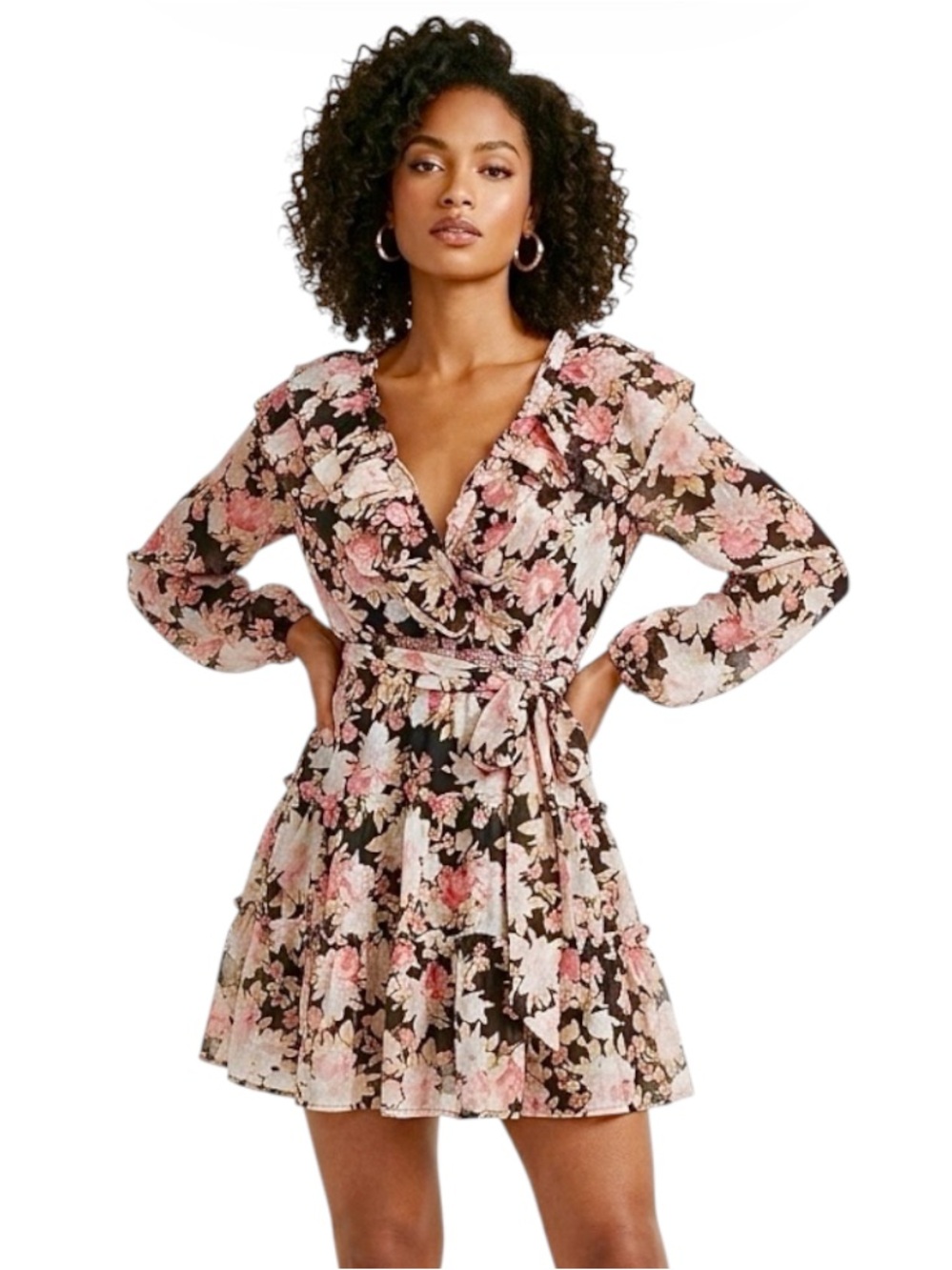 Fate Black and pink  Floral ruffle mini Dress V-neck long sleeve boho small